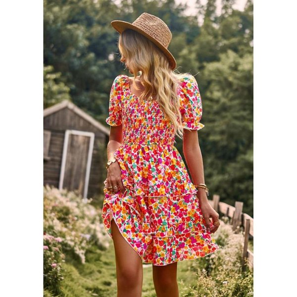Vestido RomáNtico FrancéS Primavera Y Verano Floral Manga Corta Falda De Pastel M Black-image