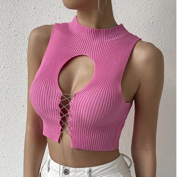 Top Sexy De Punto Fino Corto Y Ajustado De Color SóLido Con Tirantes Calados Para Mujer L Parpadeo-image