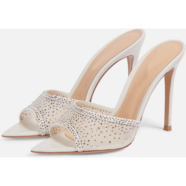 Liyke Moda De Verano Cristal PedreríA Malla Zapatillas De Mujer Fiesta Banquete Mules Zapatos Sexy Puntera Afilada Tacones Altos Finos Diapositivas 42 Beige-image