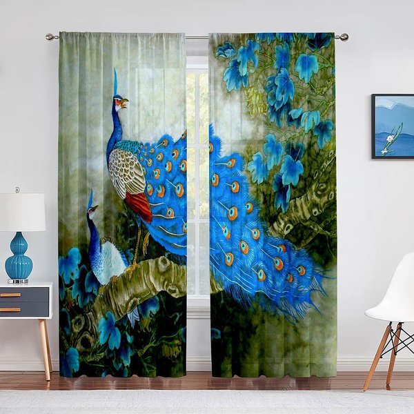 Pavo Real Azul Hermoso PáJaro Flores Planta Cortinas Transparentes Para Sala De Estar Dormitorio DecoracióN Cortinas De Tul Cocina Cortina De Gasa 1 PCS W100Xh250Cm&Rod Pocket-image