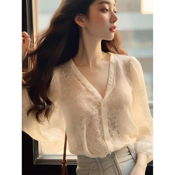 Nuevo Top De Primavera Temprana FrancéS Suave Y Chic A La Moda Camisa De Encaje Blanca Con Cuello En V Para Mujer 2XL Black-image