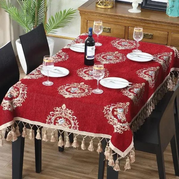 Europejski ProstokąTny Koronkowy Obrus Z FręDzlami Nowy ŚLubny Czerwony Haftowany Pokrowiec Na Stół Wysokiej Klasy Chenille Obrus Na StołY Jadalne 90X140Cm-image