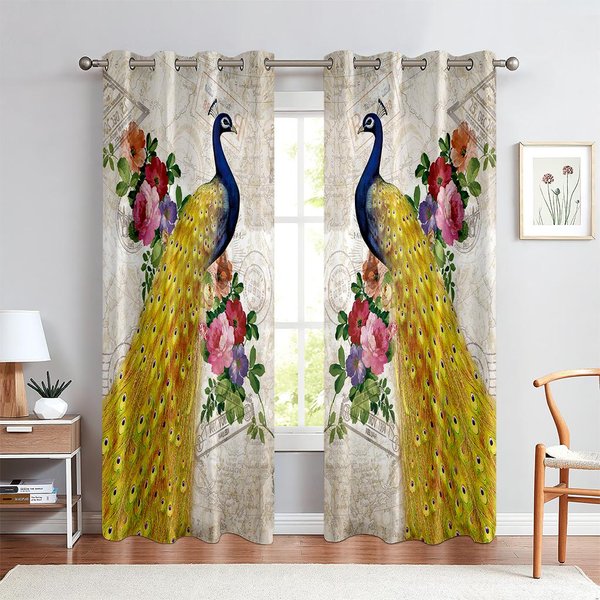 Cortinas De Pavo Real Animal Vintage 3D, Cortinas Decorativas Lujosas, 2 Paneles, Sala De Estar De Lujo, Dormitorio, Estudio, BalcóN W50X130H(Cm)X2Pcs&Rod Pocket-image