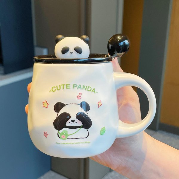 PamiąTki Dla DziewcząT Uroczy Ceramiczny Kubek Z Pokrywką Panda Kubek Na Wodę Kreatywny Praktyczny Kubek MęSki Kubek Do Kawy Prezent 301-400Ml-image