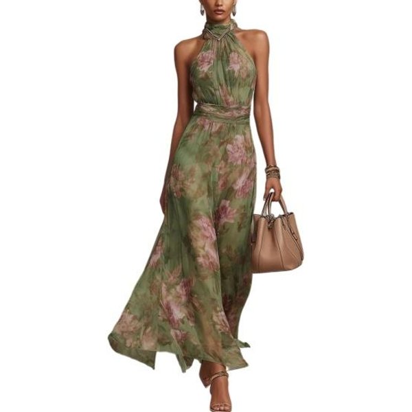Vestido Largo De Gasa Floral xiaobudian Para Mujer, Con Cuello Halter Sin Mangas Fruncido, Cuello De Cisne Para Invitada A Boda, CóCtel, Noche M Verde-image