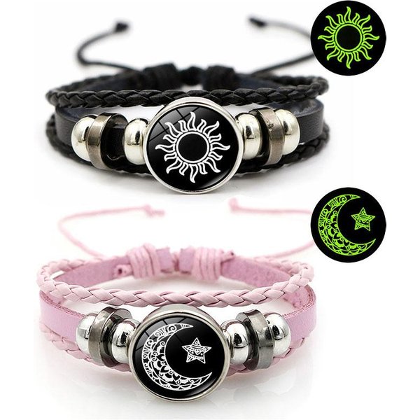 2 Szt. ŚWiecąCe Bransoletki Dla Par SłOńCe KsiężYc Regulowane Czarne Plecione Bransoletki Przyjaźń Moda Romantyczna BiżUteria Prezenty Urodzinowe 22CM Czarny-image