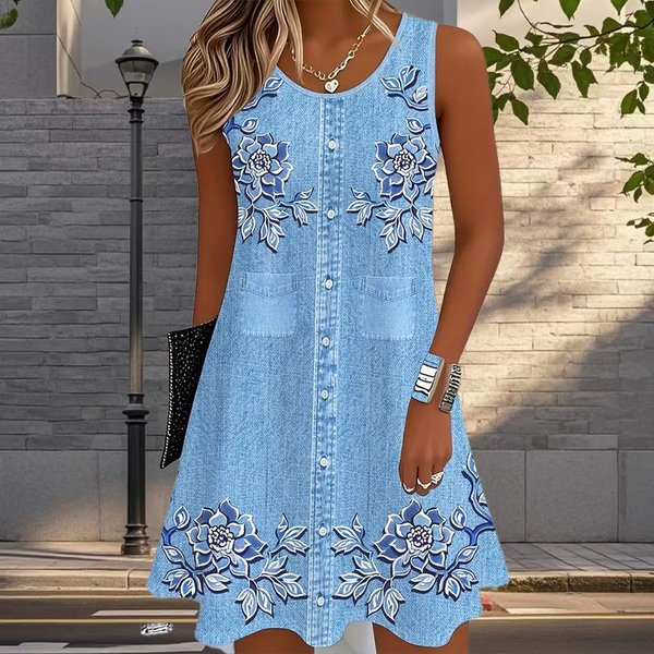 Vestido De Mujer Cowboy Estampado Sin Mangas Cuello Redondo Suelto Suave Y CóModo Talla Grande 5XL Azul-image