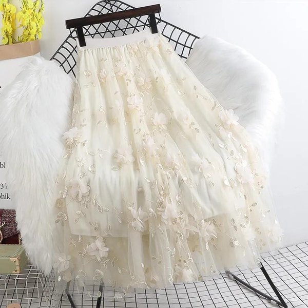 Primavera Cintura Alta Flor Bordada ChifóN Transpirable Largo Medio Falda Amplia De Gran Vuelo Mujer LíNea A XXL White-image