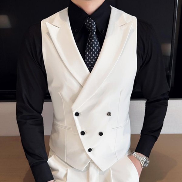 MęSka Kamizelka Czarna Z Klapami, GłAdka, DwurzęDowa, Na śLub, Dla Pana MłOdego, Na Bankiet, Do Stylu Biznesowego Casual, Do Pracy, Na Co Dzień, MęSka Kamizelka Garniturowa 2XL BiałY-image