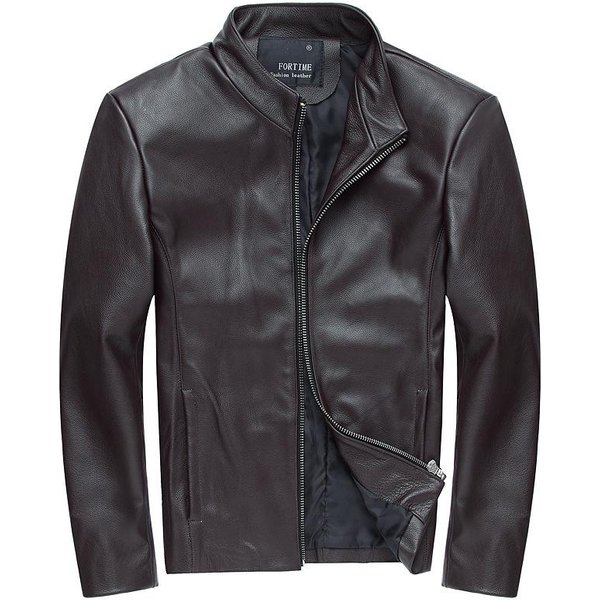 Primavera Y OtoñO Nuevo Cuero Genuino Motocicleta Corta Chaqueta De Cuero Genuino Hombres Juventud Slim Cuello Alto Chaqueta De Cuero Genuino Exterior Xxxxl Negro-image