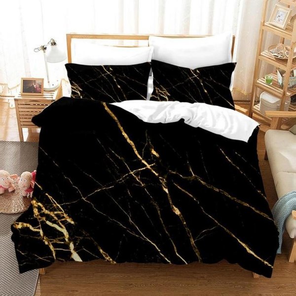 Juegos De Cama De Lujo MáRmol Negro 3D Simplicidad Dorado Ropa De Cama Para Mujeres NiñAs Individual Doble Twin Queen King Size Fundas De EdredóN EU Single(135X200Cm)-image