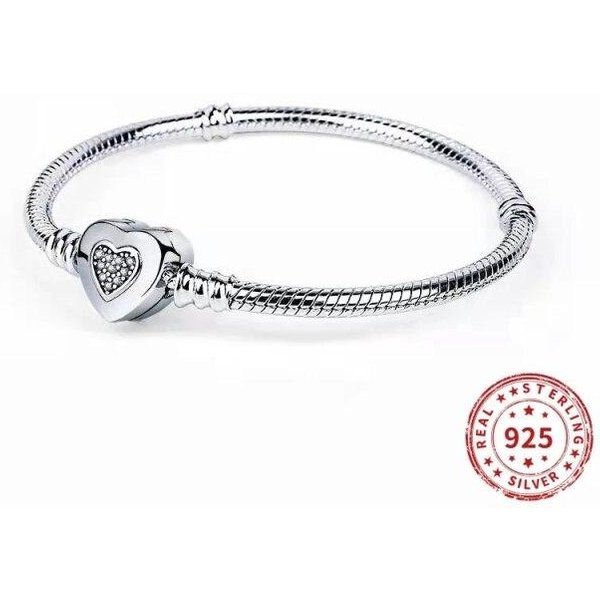 Prawdziwe 925 Srebro Sterlingowe BłYszcząCy Kryształ PięKne Serce ZapięCie Wąż ŁAńCuszek Bransoletki Koraliki Charm Kobiety Bransoletka BiżUteria 17Cm-image