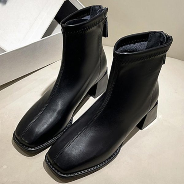 Zapatos Para Mujer Botas De Mujer Para Primavera Y OtoñO De Media CañA Color SóLido Punta Cuadrada TacóN Medio Cremallera Botas De Moda 41 Negro-image
