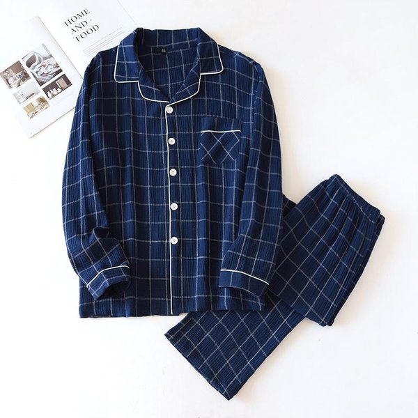 Nuevo Traje De Servicio Para El Hogar A Cuadros Para Hombre 100% AlgodóN Tela Crepé Pijama Pantalones De Manga Larga Sencillo Bicolor Talla Grande Servicio Para El Hogar L Black-image
