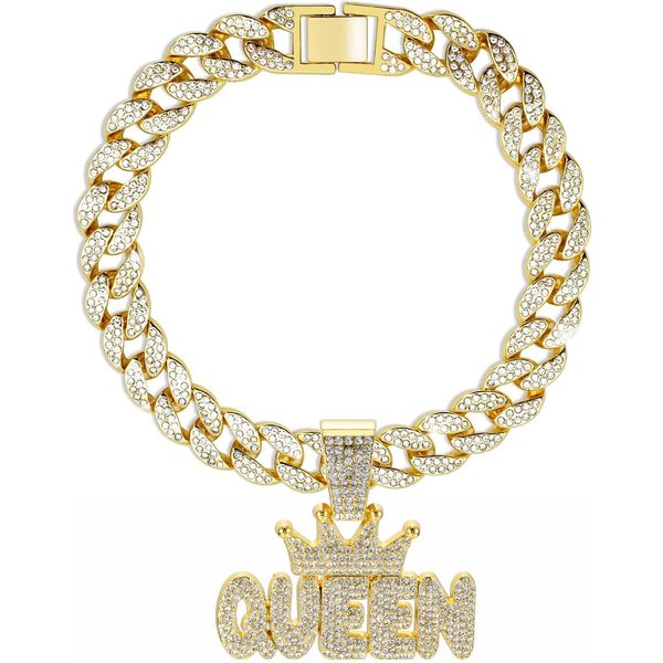Cadena Cubana Para Perro, Collar De AleacióN De Aluminio Para Perros Mascotas, Collar Dorado Para Perros PequeñOs A Grandes Gatos JoyeríA Accesorio Con Colgante Rey Reina 30Cm-image