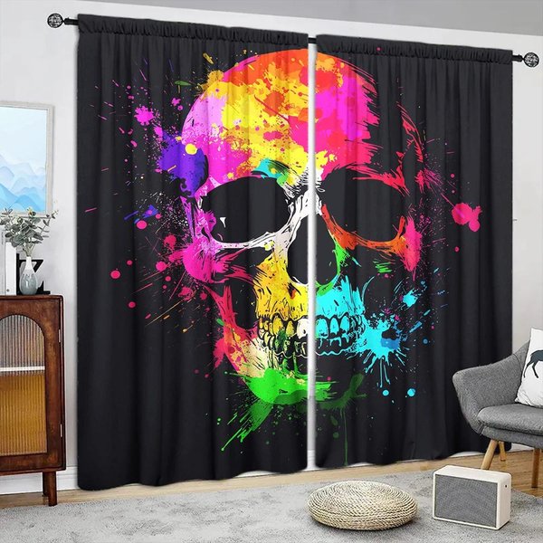2 Szt. Kolorowe Malowane ZasłOny Z Nadrukiem Czaszki Do Dekoracji Domu - Kieszeń Na Karnisz, Dekoracja Okienna Do Sypialni, Biura, Kuchni, Salonu 52.5Cmx116Cmx2Pcs Pink-image