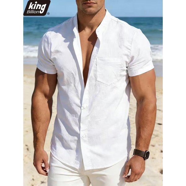 Camisa De Lino Mezclado Con Cuello MandaríN Para Hombre - Manga Corta Con Botones Y Bolsillo En El Pecho, Top Casual Para Vacaciones De Verano En La Playa XXL Blanco-image