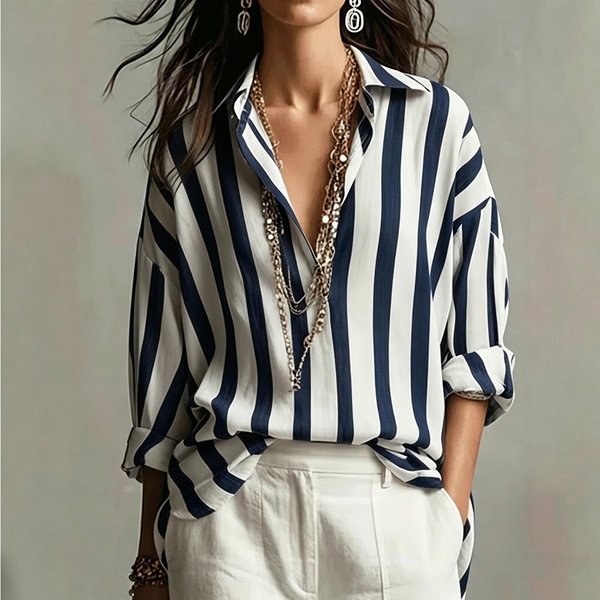 Camisa De Manga Larga A Rayas Con Botones Para Mujer Para Uso Casual Diario M Azul Oscuro-image