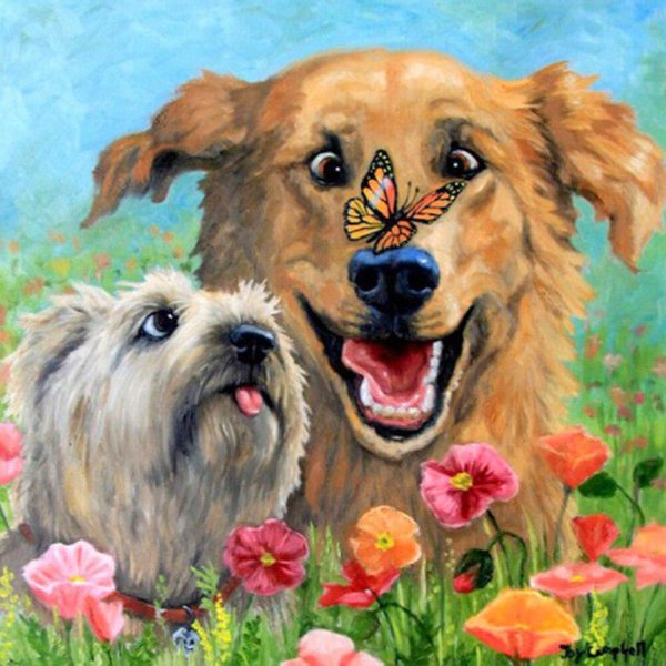 Pintura De Diamantes Redonda Perros En Una Flor Bordado Punto De Cruz Mosaico De PedreríA DecoracióN Del Hogar 30X30Cm-image