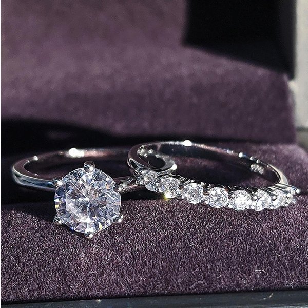 Anillo De Compromiso Y Boda Europeo Y Americano Simple De Moda Con Diamante Redondo Anillo Combinado De Plata De Ley 925 5 Gray-image