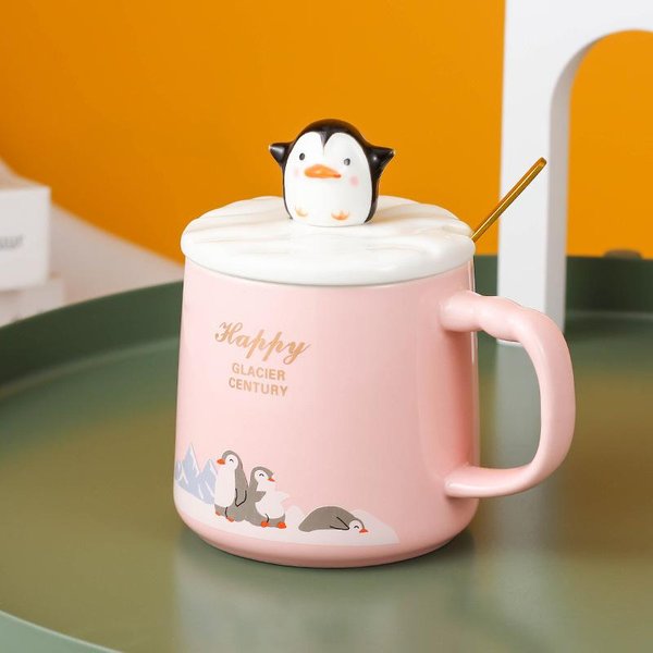 Taza De CeráMica Creativa Y Linda De PingüIno Taza De Dibujos Animados Taza Para Parejas Taza De Café Con Tapa Cuchara Estudiante Vaso De Agua Resistente Al Calor 301-400Ml-image