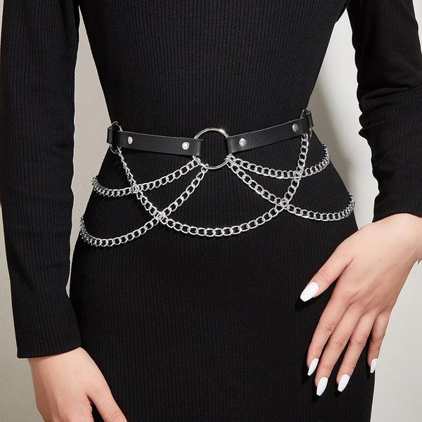 CinturóN Punk De Moda Para Mujer Con Cadena DecoracióN De CinturóN De Cintura Estilo Callejero Femenino CinturóN Ancho De Cuero Accesorio De Ropa GóTica Adjustable Gray-image