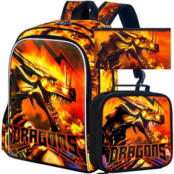 Mochila Para NiñOs De 3 Piezas, Mochila Escolar De 16 Para Primaria, Preescolar, JardíN De Infancia, Mochilas De DragóN Para NiñOs Con Fiambrera(Naranja)-image