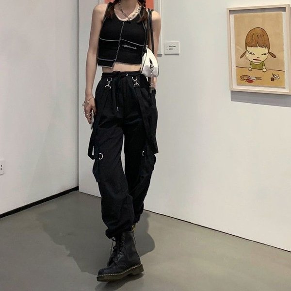 Spodnie Cargo Damskie Harajuku Czarne Spodnie Z Wysokim Stanem Hippie Streetwear XXL Black-image
