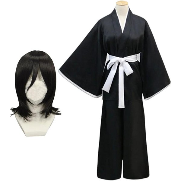 Anime Bleach Disfraz Kuchiki Rukia Cosplay Rukia Kuchiki Pelucas Y Kimono Conjuntos De Uniforme Ropa Pa 110 Black-image