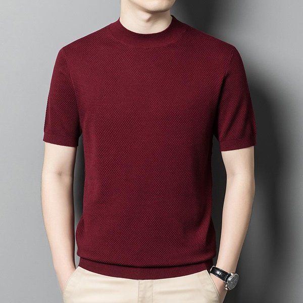 Camiseta De Manga Corta Para Hombre Cuello Medio Alto Color SóLido Casual Verano Hombre Lana Tejida Manga Media XL Brown-image