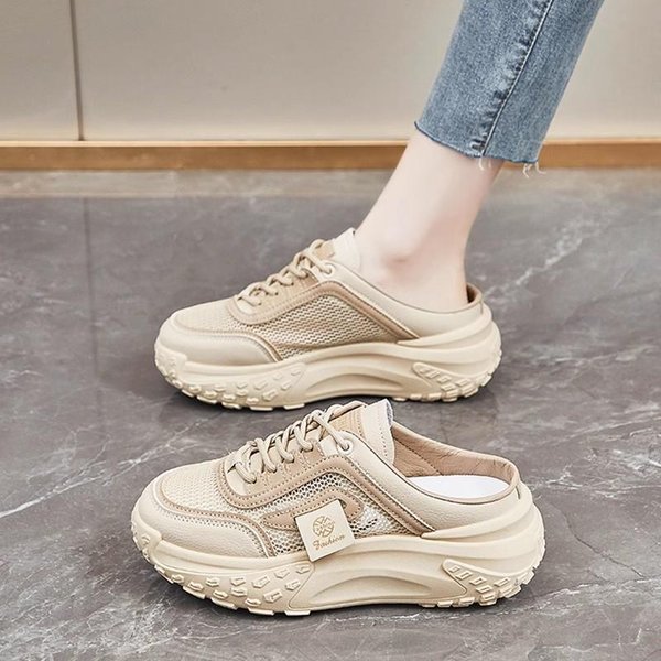 Letnie Klapki Baotou Z Siateczki Z OkrąGłYm Noskiem Na Koturnie DużE 36 Khaki-image