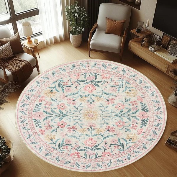 Vintage Akwarelowy Medalion Kwiatowy OkrąGłY Dywan Zmywalna Mata PodłOgowa Do Salonu Sypialni Domku Na Wsi Boho WystróJ WnęTrz Domu 120X120CM-image