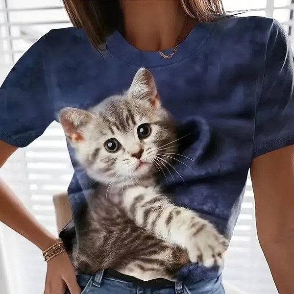 Plus Size Odzież Damska 3D Cat Print T-Shirt Z OkrąGłYm Dekoltem Casual Loose KróTki RęKaw Letnie Koszulki Topy Odzież Damska 6XL Gray-image
