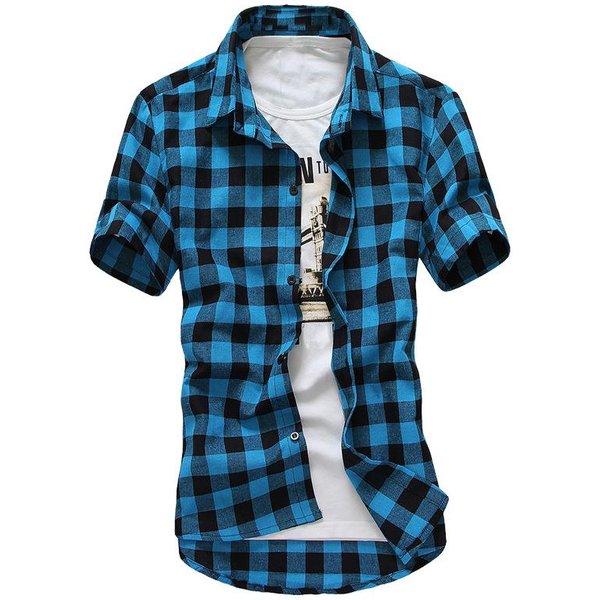 Camisa A Cuadros Verano Ajustada Manga Corta Camisa Base Casual Para Hombre Camisa Juvenil Para Hombre M Azul Claro-image
