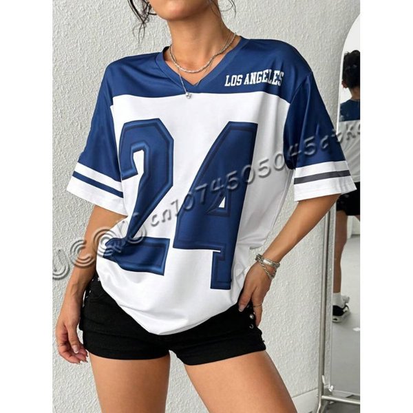 3-Kolorowy Damski T-Shirt Z Nadrukiem Los Angeles Numer 24 Z Dekoltem W Serek I KróTkim RęKawem Letni T-Shirt Koszulki Baseballowe Paski Plus Size Sportowy T-Shirt XL Blue-image