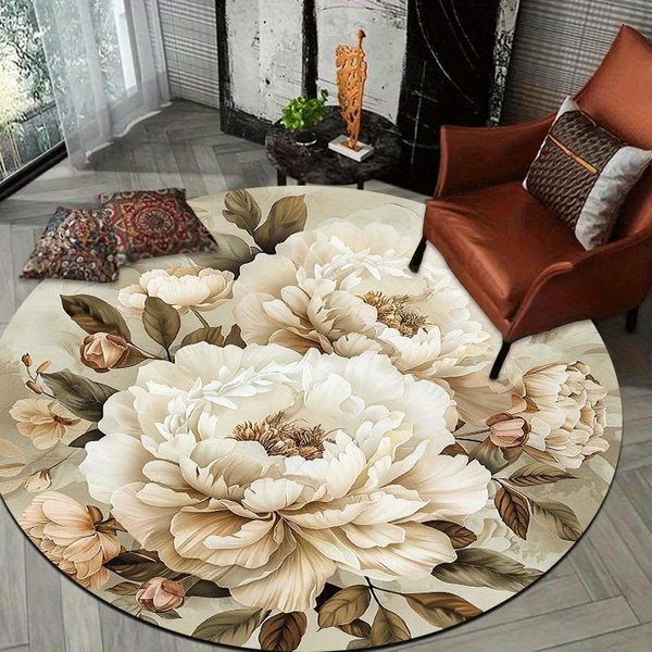 Elegancki OkrąGłY Dywanik Z Peoniami AntypośLizgowy MożNa Prać W Pralce Mata PodłOgowa PłAski Dywanik Z Kwiatowym Wzorem Vintage Do Salonu Sypialni Dekoracja 80X80Cm-image