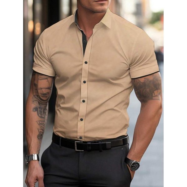 MęSka Dwukolorowa Zielona Koszula Z KróTkim RęKawem, WąSki KróJ, Zapinana Na Guziki, Casualowa Bluzka M Beige-image