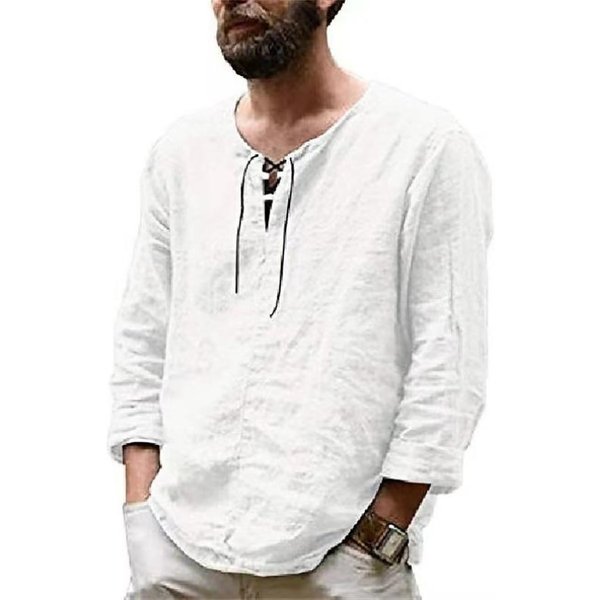 Camisas De AlgodóN De Manga Larga Con Cordones Para Hombre, Camisas Casuales Vintage De Color SóLido M Blanco-image