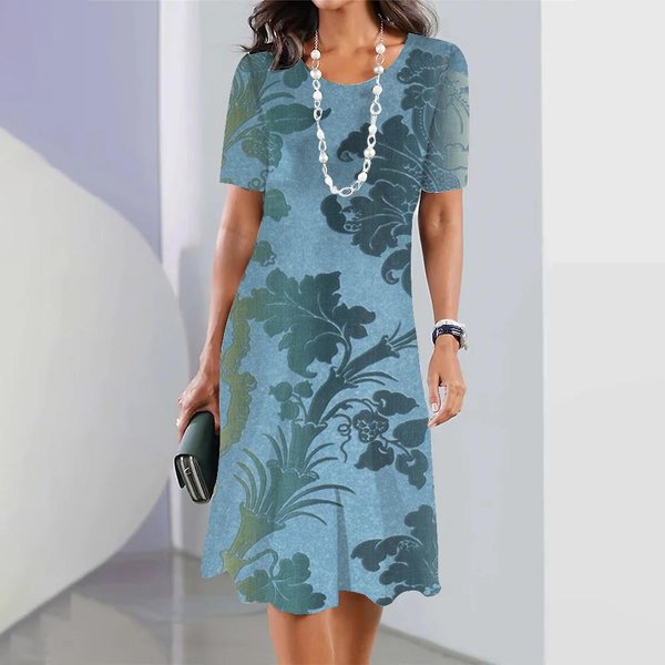 2024 Vestido Largo Bohemio Para Mujer, Elegante, Informal, Floral, Cuello Redondo, Suelto, Para Vacaciones, Playa, Fiesta, Vestidos De Manga Corta, Vestido De Verano 4XL Gray-image