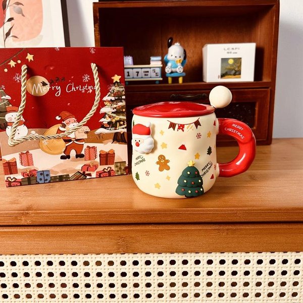 Taza NavideñA MagnéTica Con Tapa Cuchara Linda Taza De Agua De CeráMica NiñA Aspecto Elegante Dibujo Animado Oficina Taza Para Pareja 420ML-image