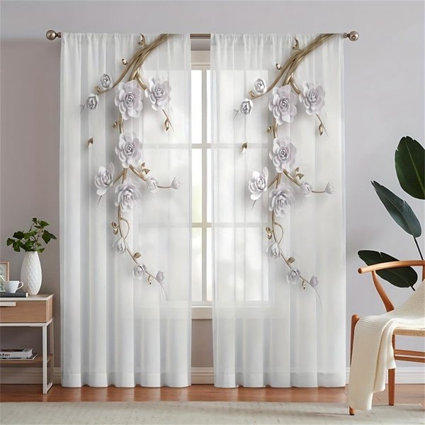 Cortinas Voile Translucidas De Hoja Y Pluma Dorada De Lujo Para Espacio De Dormitorio Cortinas De Tul Para Sala De Estar Cortinas Visillos Translucidos 2 Piezas W85X200H(Cm)X2Pcs&Grommet Top-image