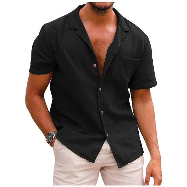 Camisas Casuales De AlgodóN Y Lino Para Hombre Con Bolsillo Manga Corta Abotonadas Texturizadas Camisa De Verano Para Vacaciones Boda En La Playa M Black-image