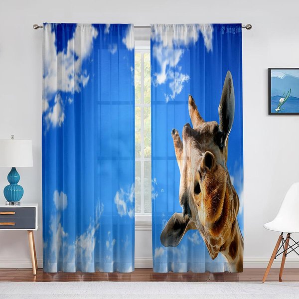 Animales Jirafas Y Cebras Cielo Azul Nubes Cortina Voile Transparente Para DecoracióN De Sala De Estar Dormitorio Ventana Cortinas De Tul ChifóN 1 PCS W100Xh250Cm&Grommet Top-image