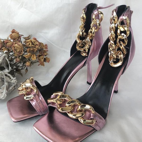 Nowa Moda SandałY Na Wysokim Obcasie Kobiety Z ŁAńCuchem Kwadratowy Nosek Sandalias De Las Mujeres Buty ŚLubne Kobiety Imprezowe Femmes Chaussures 39 Black-image