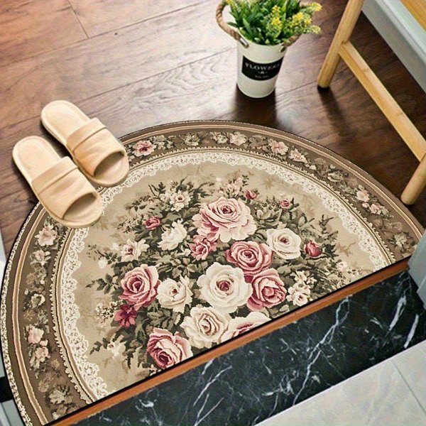 Vintage Dywan PółOkrąGłY Kwiatowy MięKki AntypośLizgowy Dywanik Do Sypialni, Romantyczny Dywanik Z Akcentem RóżAnym Do Przedpokoju WystróJ Salonu 40X60Cm 16X24Inch-image