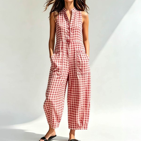 Mono De Mujer Sin Mangas Con Cuello Alto Y Bolsillos, Corte Holgado, Casual, Estampado A Cuadros, Conjunto De Verano L Rojo-image