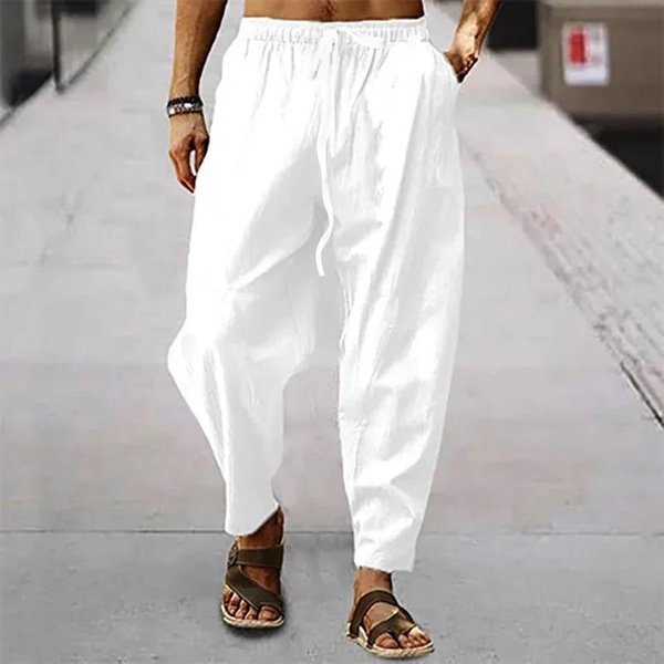 MęSkie Spodnie BawełNiano-Lniane Letnie I Jesienne Jednolite Spodnie Z Wysokim Stanem I Szerokimi Nogawkami MęSkie LuźNe Konopne Casualowe OddychająCe Spodnie Sportowe XL White-image