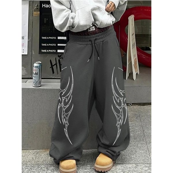MęSkie Spodnie Casualowe Street Style LuźNe Proste, Modne Spodnie Sportowe, Spodnie Z Troczkami Z Nadrukiem Totem, Spodnie Hip-Hopowe Szerokie Nogawki M Black-image