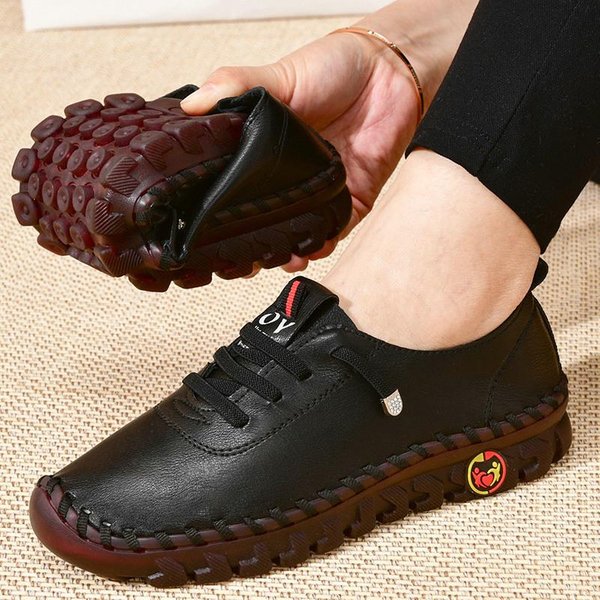 Nuevos Zapatos Casuales De Primavera Para Mujer, Mocasines De Plataforma Con Cordones De Cuero, Zapatos Planos Sin Cordones Para Mamá 43 Brown-image
