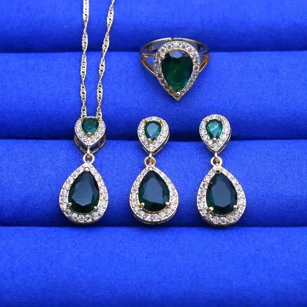 Conjunto De JoyeríA Vintage Para Mujer Gota De Agua Verde Circonita Chapado En Oro Incluye Pulsera, Pendientes, Colgante Anillo Ajustable Resizable Black-image